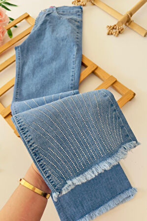 Miniğimin Cicileri Çizgi Taş Detaylı Kız Çocuk Yumuşak Kot Pantolon - Mavi