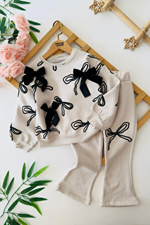 Miniğimin Cicileri Fiyonk Kadife Detaylı Kışlık Kız Çocuk 2 Li Takım - Krem