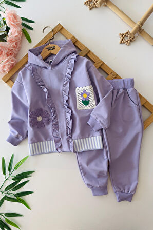 Miniğimin Cicileri Gül Detaylı 3 lü Kız Çocuk Takım - Lila