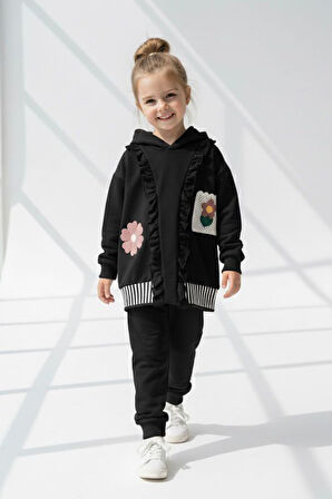 Miniğimin Cicileri Gül Detaylı 3 lü Kız Çocuk Takım - Siyah