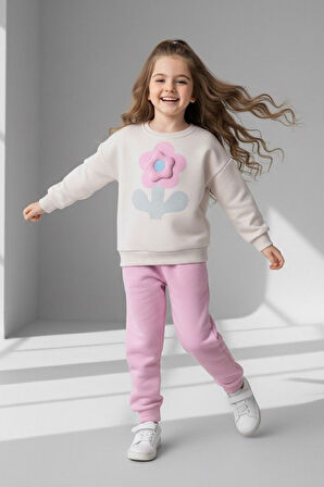 Miniğimin Cicileri Dokulu Papatya Desenli Kız Çocuk Kışlık Takım - Pembe