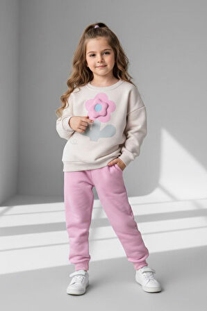 Miniğimin Cicileri Dokulu Papatya Desenli Kız Çocuk Kışlık Takım - Pembe