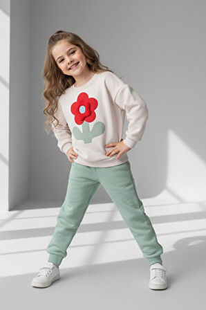 Miniğimin Cicileri Dokulu Papatya Desenli Kız Çocuk Kışlık Takım - Yeşil