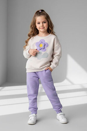 Miniğimin Cicileri Dokulu Papatya Desenli Kız Çocuk Kışlık Takım - Lila