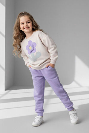 Miniğimin Cicileri Dokulu Papatya Desenli Kız Çocuk Kışlık Takım - Lila