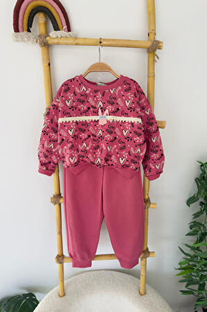 Miniğimin Cicileri Kalp Baskılı Tavşancık Detaylı Kız Çocuk 2 li Takım - Mor