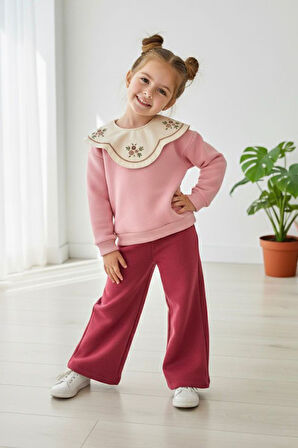 Miniğimin Cicileri İşleme Yaka Asimetrik Detaylı Kız Çocuk Kışlık Takım - Mor