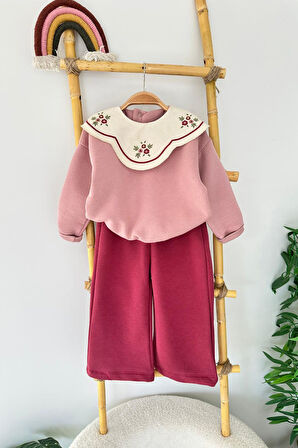 Miniğimin Cicileri İşleme Yaka Asimetrik Detaylı Kız Çocuk Kışlık Takım - Mor