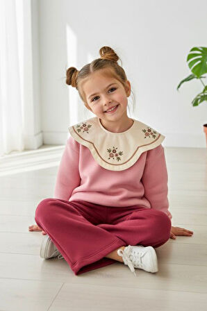 Miniğimin Cicileri İşleme Yaka Asimetrik Detaylı Kız Çocuk Kışlık Takım - Mor