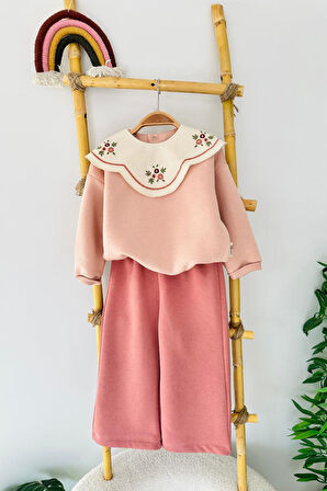 Miniğimin Cicileri İşleme Yaka Asimetrik Detaylı Kız Çocuk Kışlık Takım - Gül Kurusu