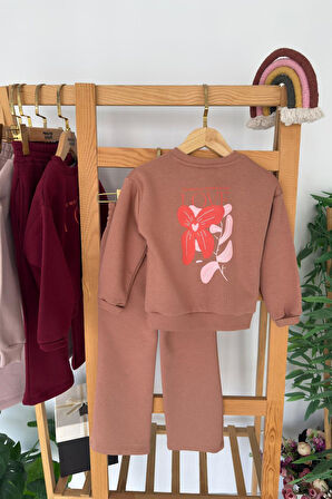Miniğimin Cicileri Love Çiçek Baskılı Kız Çocuk Kışlık Takım - Kahverengi