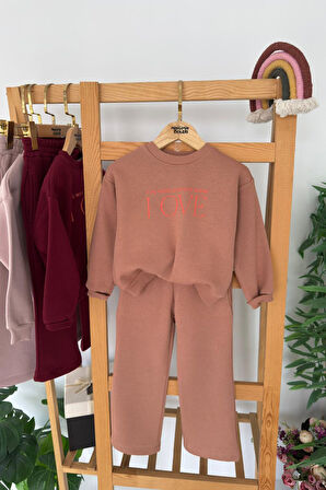 Miniğimin Cicileri Love Çiçek Baskılı Kız Çocuk Kışlık Takım - Kahverengi