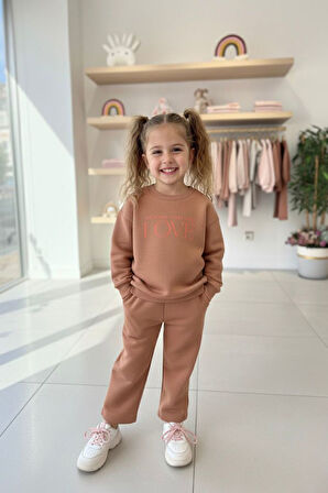Miniğimin Cicileri Love Çiçek Baskılı Kız Çocuk Kışlık Takım - Kahverengi