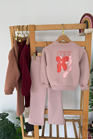 Miniğimin Cicileri Love Çiçek Baskılı Kız Çocuk Kışlık Takım - Pudra