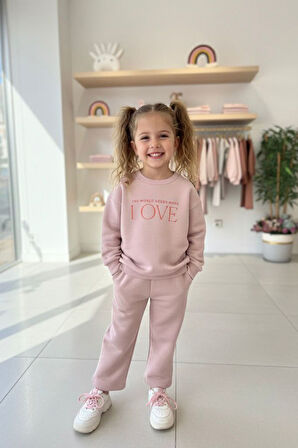 Miniğimin Cicileri Love Çiçek Baskılı Kız Çocuk Kışlık Takım - Pudra
