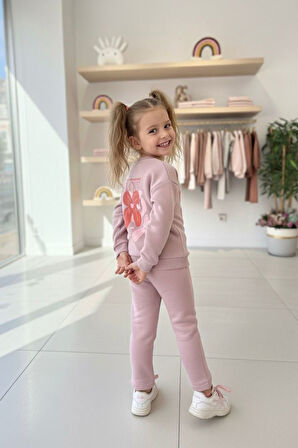 Miniğimin Cicileri Love Çiçek Baskılı Kız Çocuk Kışlık Takım - Pudra