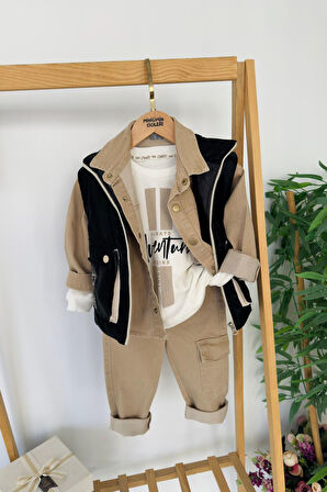 Miniğimin Cicileri Kapitone Yelekli Kargo Cepli 4 Parça Erkek Çocuk Takım - Siyah