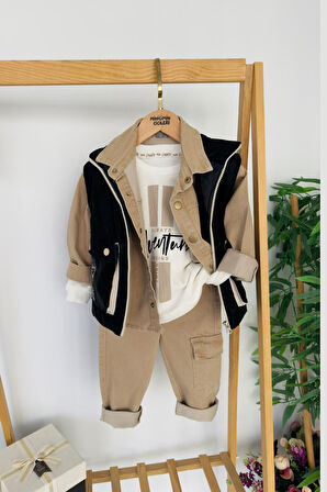 Miniğimin Cicileri Kapitone Yelekli Kargo Cepli 4 Parça Erkek Çocuk Takım - Siyah