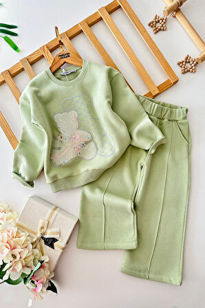 Miniğimin Cicileri Taşlı Ayıcık Detaylı Kız Çocuk Kışlık 2 li Takım - Yeşil