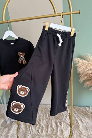 Miniğimin Cicileri Ayıcık Panç Detaylı Kız Çocuk Takım - Siyah