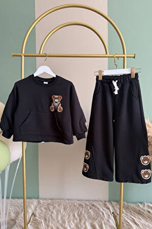 Miniğimin Cicileri Ayıcık Panç Detaylı Kız Çocuk Takım - Siyah