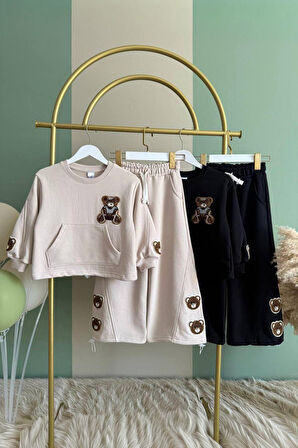 Miniğimin Cicileri Ayıcık Panç Detaylı Kız Çocuk Takım - Bej