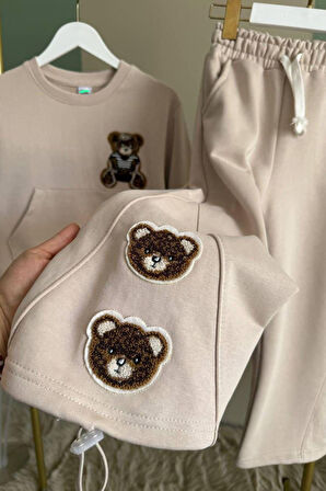 Miniğimin Cicileri Ayıcık Panç Detaylı Kız Çocuk Takım - Bej