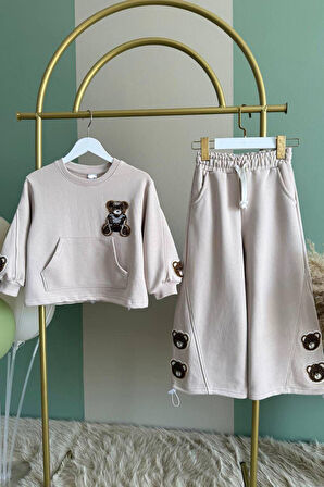 Miniğimin Cicileri Ayıcık Panç Detaylı Kız Çocuk Takım - Bej