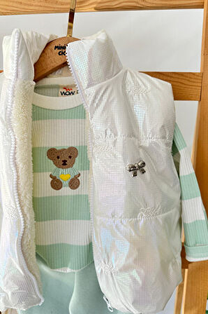 Miniğimin Cicileri Fiyonk Detaylı Şişme Yelekli Ayıcık Desenli Kız Bebek  3 lü Takım- Yesil