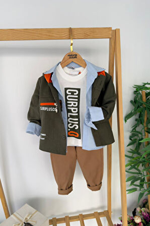 Miniğimin Cicileri Curplus Baskı  Ceketli Tişört ve Kot Pantolonlu Erkek Çocuk 4 lü Takım - Yeşil