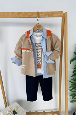 Miniğimin Cicileri Curplus Baskı  Ceketli Tişört ve Kot Pantolonlu Erkek Çocuk 4 lü Takım - Bej