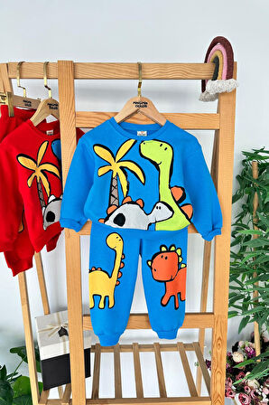 Miniğimin Cicileri Dino Baskılı Renkli Erkek Çocuk 2 li Kışlık Takım - Mavi