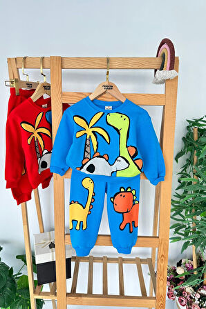 Miniğimin Cicileri Dino Baskılı Renkli Erkek Çocuk 2 li Kışlık Takım - Mavi