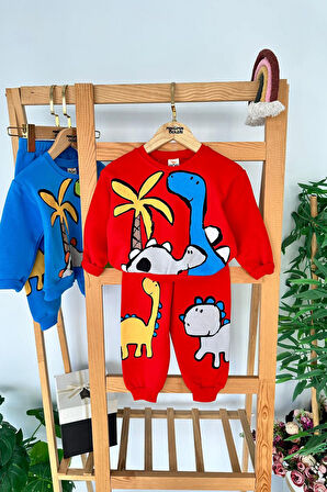 Miniğimin Cicileri Dino Baskılı Renkli Erkek Çocuk 2 li Kışlık Takım - Kırmızı