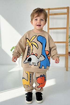 Miniğimin Cicileri Dino Baskılı Renkli Erkek Çocuk 2 li Kışlık Takım - Kahverengi