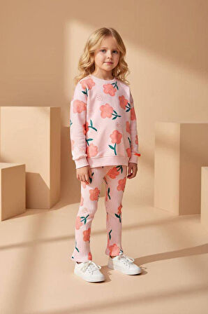 Miniğimin Cicileri Papatya Baskılı Taytlı Kız Çocuk Takım - Somon