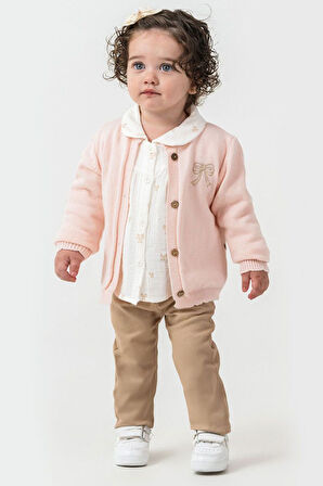 Miniğimin Cicileri Fiyonk Detaylı Triko Hırkalı Kız Çocuk 3 lü Takım - Pembe