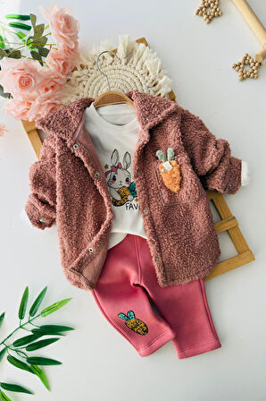 Miniğimin Cicileri Tavşan Detaylı Kürklü Ceketli Kız Bebe 3’lü Kışlık Takım - Gül Kurusu