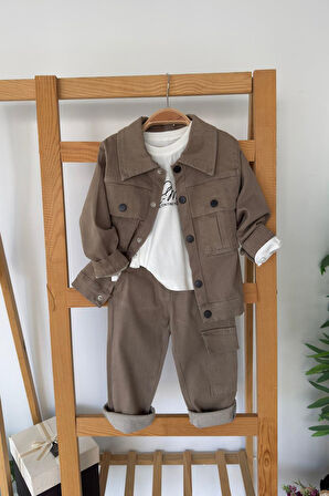 Miniğimin Cicileri Kargo Cepli Ceketli Erkek Çocuk 3 lü Spor Takım - Toprak