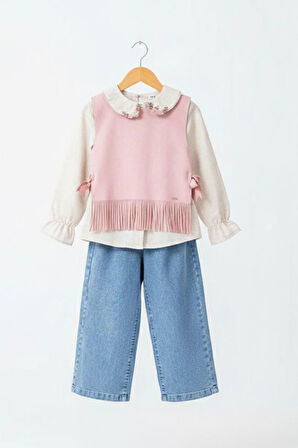 Miniğimin Cicileri Süet Püsküllü Kız Çocuk 3 lü Takım - Pembe