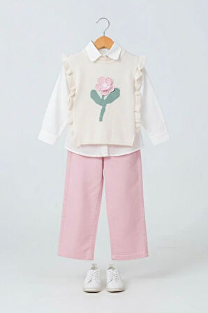 Miniğimin Cicileri Çiçek Motifli Triko Süveterli Pantolonlu Kız Çocuk 3 lü Kombin - Pembe