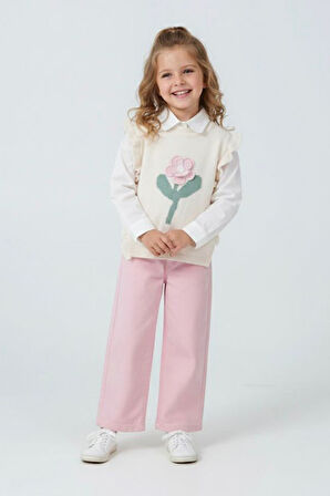 Miniğimin Cicileri Çiçek Motifli Triko Süveterli Pantolonlu Kız Çocuk 3 lü Kombin - Pembe