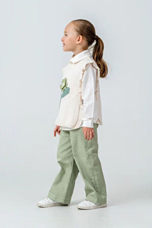 Miniğimin Cicileri Çiçek Motifli Triko Süveterli Pantolonlu Kız Çocuk 3 lü Kombin - Yeşil