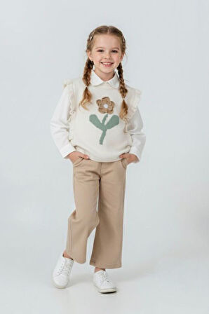 Miniğimin Cicileri Çiçek Motifli Triko Süveterli Pantolonlu Kız Çocuk 3 lü Kombin - Kahve