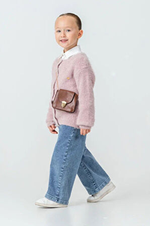 Miniğimin Cicileri Yumuşak Dokulu Kalp Detaylı Hırka  ve Geniş Paça Jean Kız Çocuk Kombini - Pembe