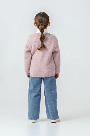 Miniğimin Cicileri Yumuşak Dokulu Kalp Detaylı Hırka  ve Geniş Paça Jean Kız Çocuk Kombini - Pembe