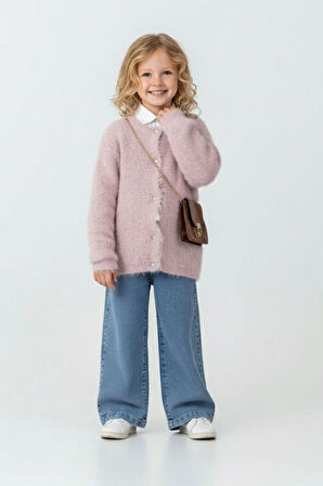 Miniğimin Cicileri Yumuşak Dokulu Kalp Detaylı Hırka  ve Geniş Paça Jean Kız Çocuk Kombini - Pembe