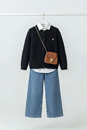 Miniğimin Cicileri Yumuşak Dokulu Kalp Detaylı Hırka  ve Geniş Paça Jean Kız Çocuk Kombini - Siyah