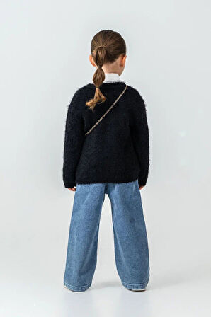 Miniğimin Cicileri Yumuşak Dokulu Kalp Detaylı Hırka  ve Geniş Paça Jean Kız Çocuk Kombini - Siyah