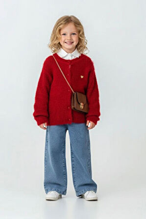 Miniğimin Cicileri Yumuşak Dokulu Kalp Detaylı Hırka  ve Geniş Paça Jean Kız Çocuk Kombini - Kırmız